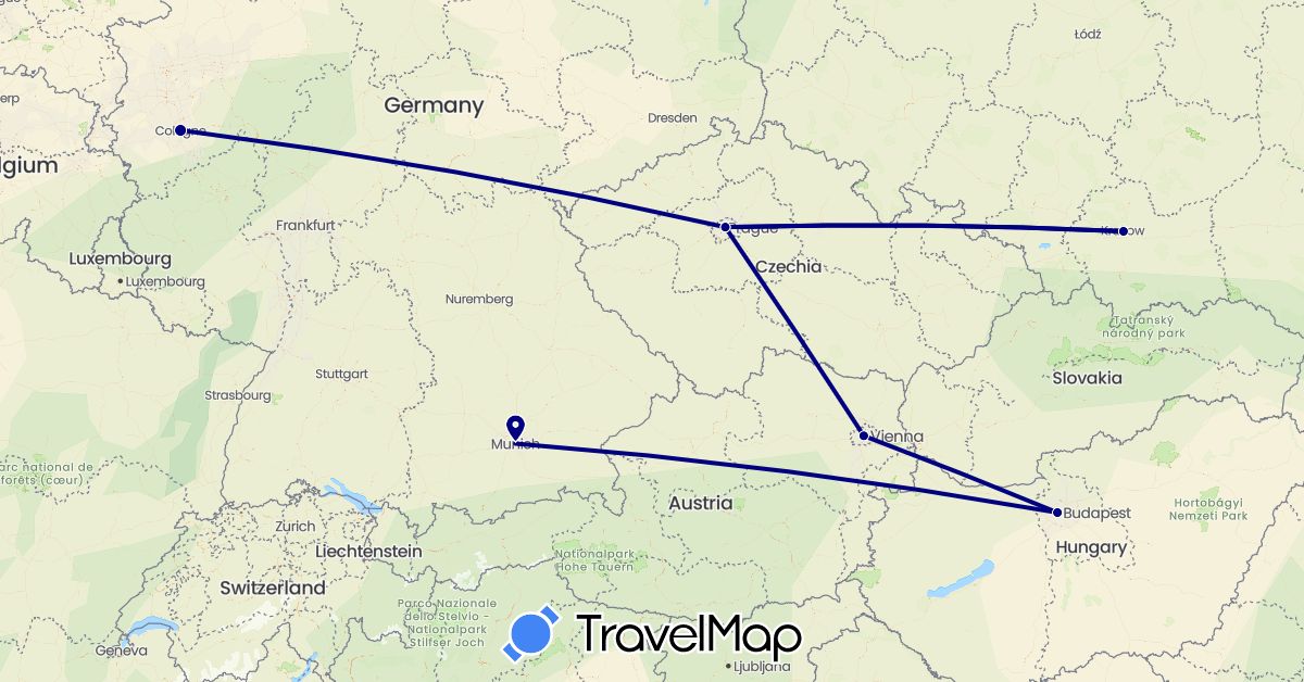 TravelMap itinerary: driving in Austria, Czech Republic, Germany, Hungary, Poland (Europe)